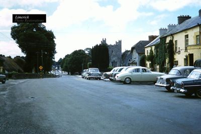 Vintage photo of the parking lot at the Dunrave Arms Hotel in Adare